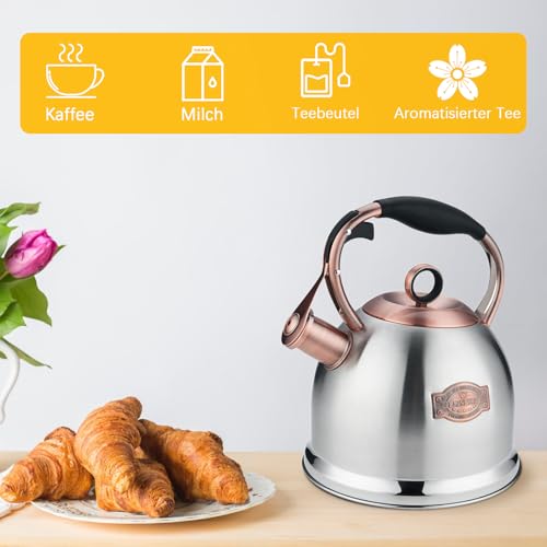 Flötenkessel Wasserkessel, 3L Edelstahl Pfeifkessel Mit Hitzebeständigem Griff, Pfeifender Kessel Für Induktionsherde – Ansicht 5
