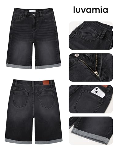 Image of luvamia Bermuda Jean Shorts Women High Rise Stretchy Cuffed Hem Denim Jorts