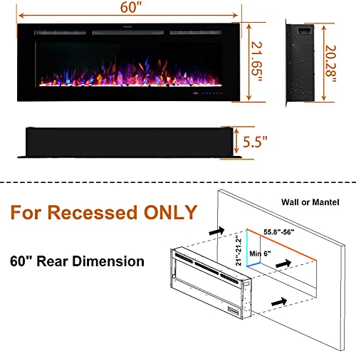 Dreamflame 60 Inch Electric Fireplace, In Wall Fireplace Electric Heater,Remote & Touch Screen,Logs/Crystal Options, Thermostat,Overheating Protection, 0-9H Timer #TOP2