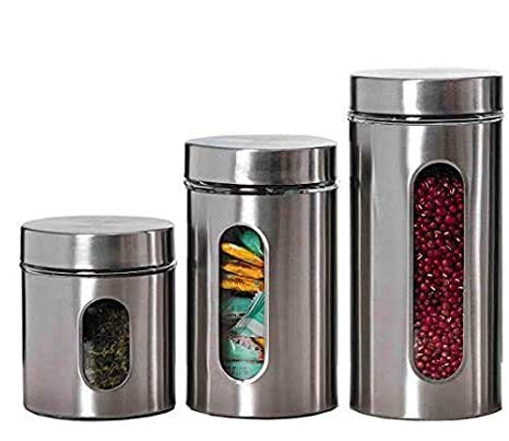 Glass Steel Window Jars for Kitchen Storage 3 Piece Spice Set 1pc 350 ml 1pc 550 ml 1 pc 850 ml (SET OF 3 PCS DIFFRENT SIZE)