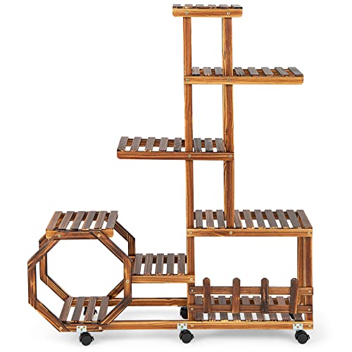 Giantex Rolling Wooden Plant Stand, 8-Tier Plant Shelf For 12 Pots, Lockable & Detachable Wheels, Plant Display Storage Rack Flowerpot Holder For Balcony Garden Patio Home (8 Tiers - 12 Pots) #TOP7