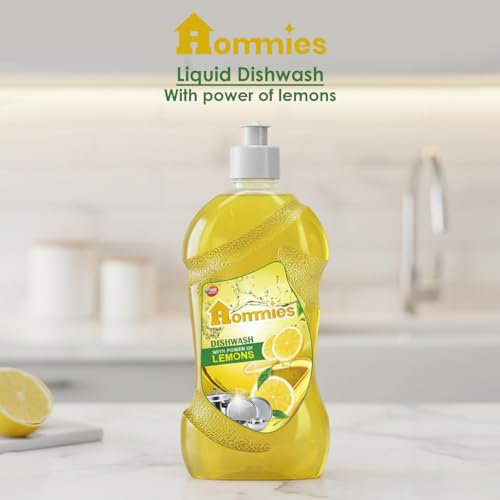 Image of Hommies 2 Litre Lemon Fragrance Dishwash Liquid Gel Refill | Leaves No Residue | Grease Cleaner For Utensils - Liquid Kitchen Soap - 500 Ml x Pack of 4