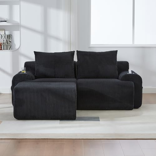 Sofá modular de pana 2 plazas con soporte de bebidas y bolsa lateral negra 2