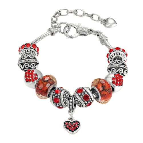 Geettcaifu Red Hearts Silver Plated Charm Bracelet, DIY Jewelry for Women with Beads, Charms, and Adjustable Snake Chain, Fits 7.09