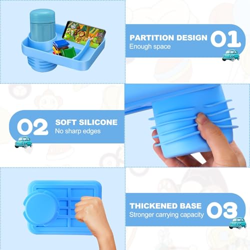 Image of Car Seat Cup Holder Snack Tray - Silicone Food Trays for Travel with Expandable Soft Rubber Base Fits Most Cup Holders Portable Accessories Essentials for Small Fruit, Toys Blue