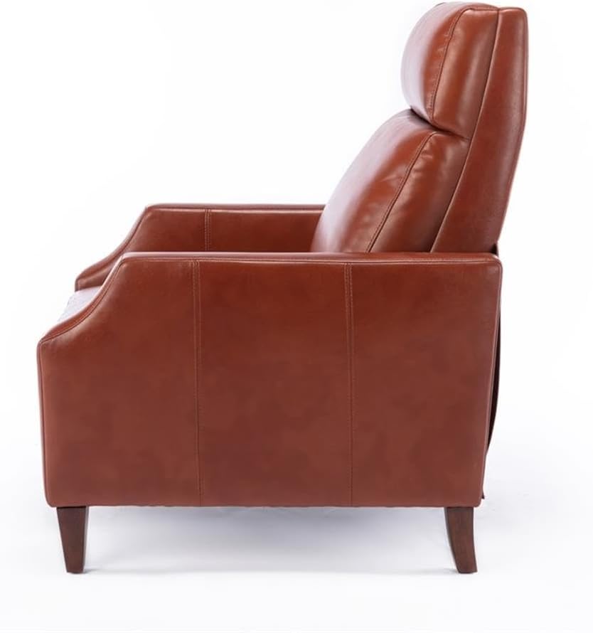 Pemberly Row Push Back Recliner, Caramel Faux Leather Upholstery, Wooden Legs, 41.5" H x 28" W x 36" D, Modern Minimalist Style, Comfortable Living Room Chair with Drop-in Coil Seating