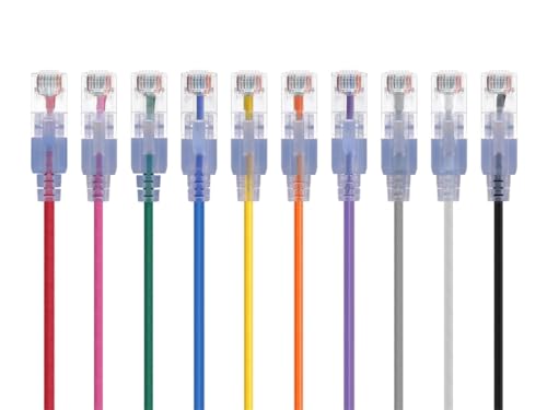 Image of Monoprice Cat6A 6in 10-Color 10-Pk Patch Cable UTP 30AWG 10G Pure Bare Copper Snagless RJ45 SlimRun Series Ethernet Cable