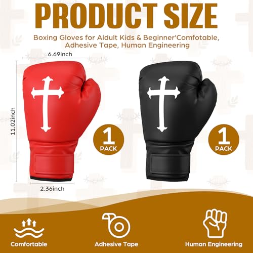 JolliLudo 2 Pairs 12 oz Christian Boxing Gloves for Men & Women Cross Religious Boxing Gloves for Beginners & Kids Red Black Lightweight Shockproof Mitts for Training & Practice