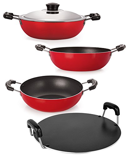 NIRLON3 Layer Non-Stick Coated Aluminium Tawas and Kadhai Combo Kitchenware Gift Set Offer with Stainless Steel Lid, Bakelite Handle