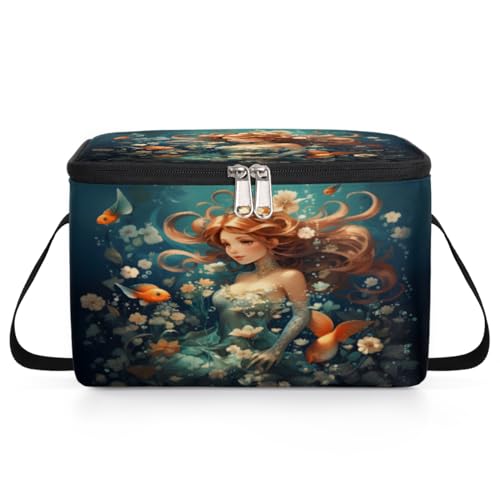 GzLeyigou Pretty Mermaid Princess Lunch Bags for Women Men 9 Cans, Hot & Cold Food Delivery Bag Insulated Grocery Bag Insulated Lunch Box Mermaid Cooler Bag for Office Work Picnic Beach