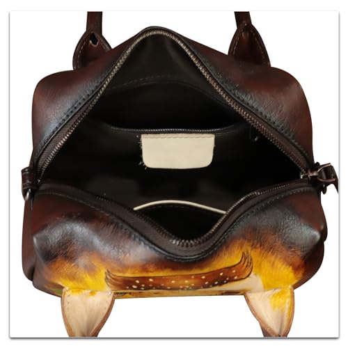 Image of Genuine Leather Handbag for Women Hand Painted Top Handle Purse Retro Handmade Satchel Vintage Crossbody Hobo Bag