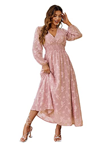 Image of Simplee Women's Long Sleeve Maxi Dress Burnout Floral V Neck Formal Dress(XL Pink)