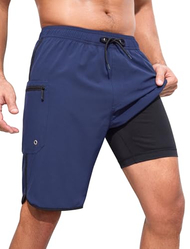 SILKWORLD Mens Swimming Trunks 9 Inch Quick Dry Shorts Water Repellent Solid Color Bathing Suits, Navy Blue, XX-Large