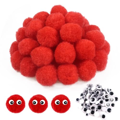 TOAOB 50 Piezas Pompones Grandes de Rojo de 3 cm Bolas de Fieltro Pompones y 100 Ojos Móviles Negros para Decoraciones Manualidades Creativas y Decoraciones Bricolaje