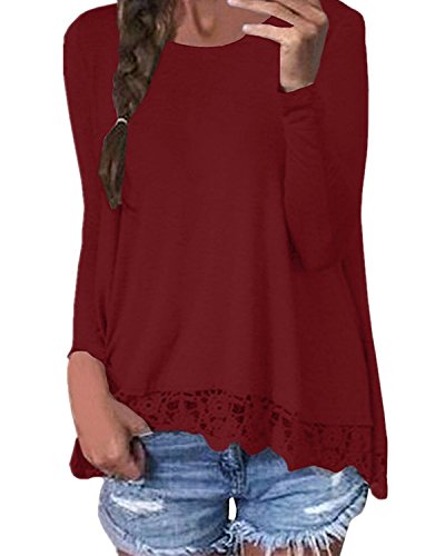 ZANZEA Women Crochet Lace Casual Patchwork Irregular Long Sleeve Autumn Solid T-Shirts Tops Blouse Wine Red ,M (US 6-8)