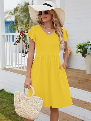 Image of Heymoments Women Summer Dress Yellow Large Ruffle Sleeve V Neck Casual Cute Loose Sundress Comfy Swing Midi Work Flowy Tunic Ladies Beach Vacation Teacher Dresses with Pockets