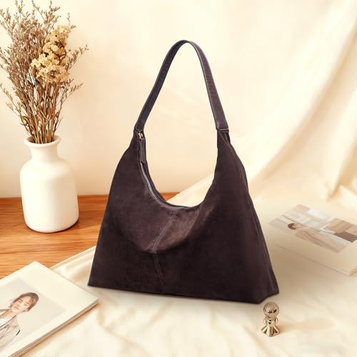 Larcenciel Brown Suede Leather Hobo Shoulder Bag, Trendy Large Capacity Slouchy Tote Handbags with Zipper Closure & Strap - Image 4