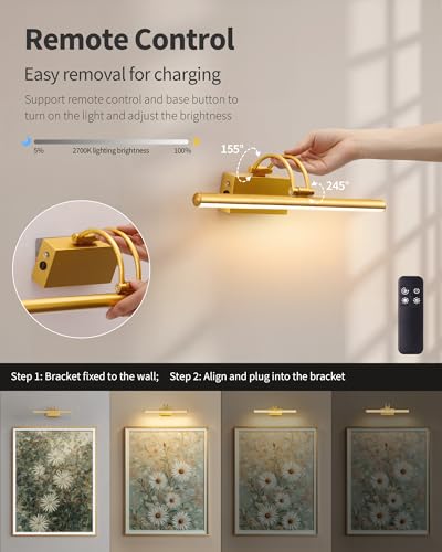 Image of KDG LED Cordless Wall Picture Lights Set of 2 with Remote, 5200mAh Rechargeable Dimmable Art Lighting, Adjustable Swing Arm, Picture Frame Light for Gallery, Living Room, Hallway, 16.3 inch, Gold