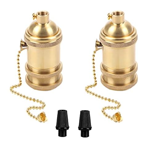 EFINEHOME 2 Pack Solid Brass Light Socket with 2 Socket Rings, Pull-Chain Version, Top Quality Supplies for Handmade Lighting, Lamps, Pendants etc (Natural Brass-Pull Chain) Cover