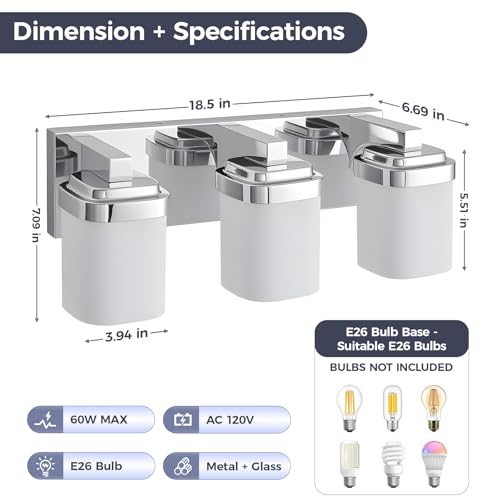 Image of 17 Inchs Bathroom Vanity Light, 3-Light Chrome Bathroom Light Fixtures Over Mirror, Bathroom Light Shower Lamp with Milky White Square Glass Shade, Modern Farmhouse Lighting Fixtures