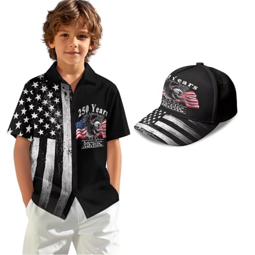HUIACONG Boys Retro USA Flag Shirt and Baseball Cap 4th of July 2 Pcs Outfit Set Short Sleeve Button Down Look with Adjustable Hat for Patriotic Parades