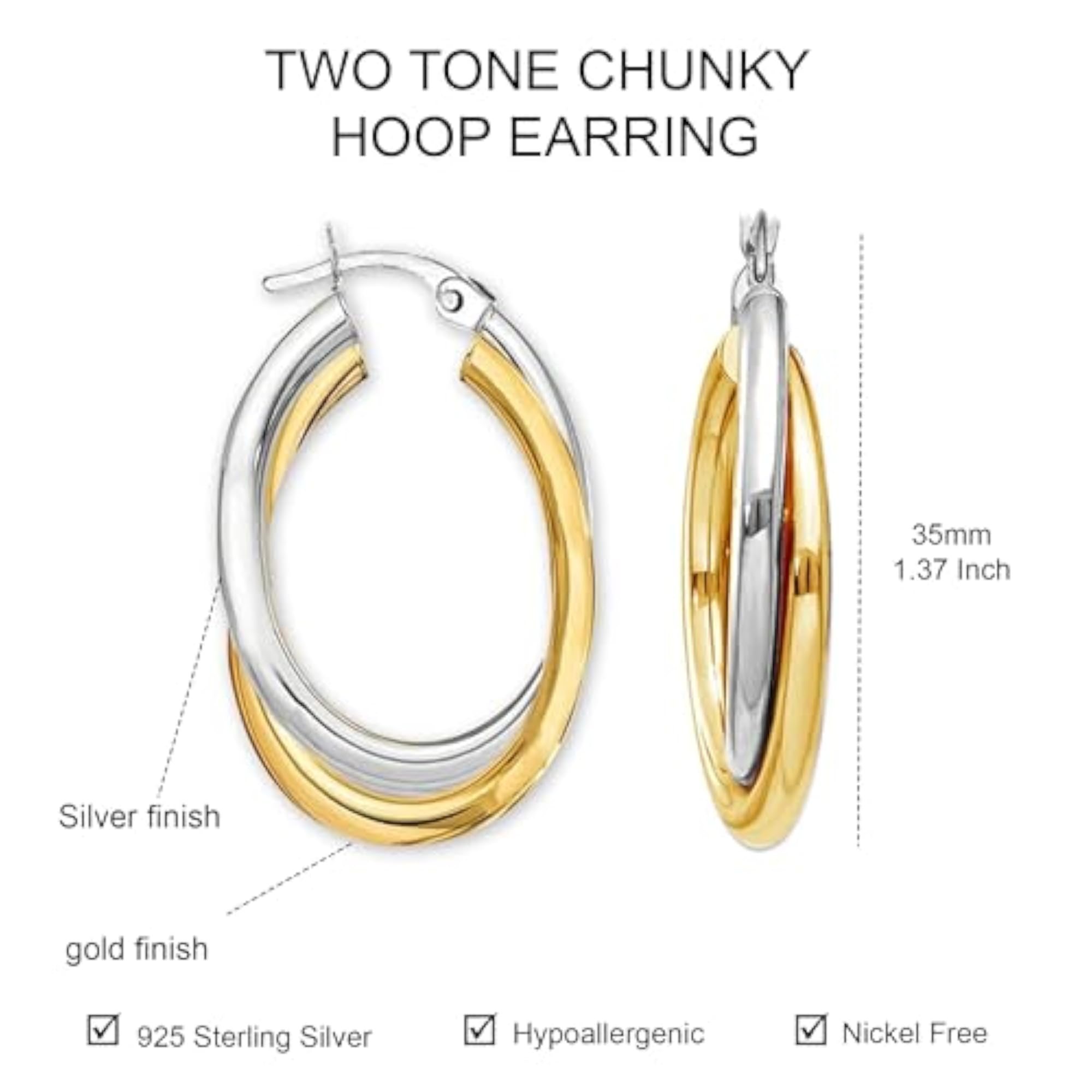 Women's 925 Sterling Silver Thick Hoop Earrings, Two-Tone