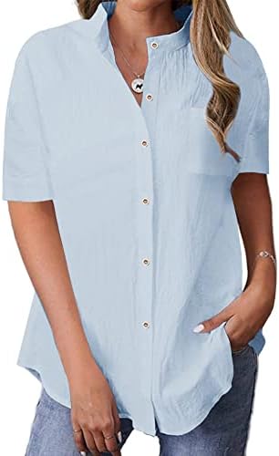 Langwyqu Women’s Casual V Neck Shirt Short Sleeves Pockets Buttons Solid Tops