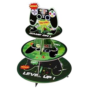 WERNNSAI Video Game Cupcake Stand – 3-Tier Video Game Party Decorations for Boys Gamer Green Gaming Cupcake Holder Round Serving Tray Stand Dessert Tower for Level Up Birthday Decorations