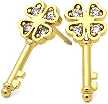 14K Gold Plated Brass CZ Set Clover Key Screwback Stud Earrings