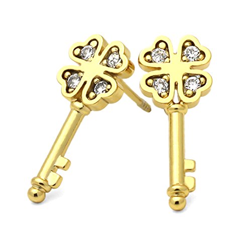 14K Gold Plated Brass Cz Set Clover Key Screwback Stud Earrings #TOP21
