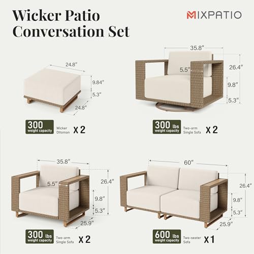 Image of MIXPATIO Patio Furniture Set with Swivel Chairs, 7 Piece Outdoor Wicker Sofa Couch Set, Yellow Rattan Deep Seating Conversation Sets with 10 inch Thick Cushions, Low Profile Deck Lawn Garden Furniture