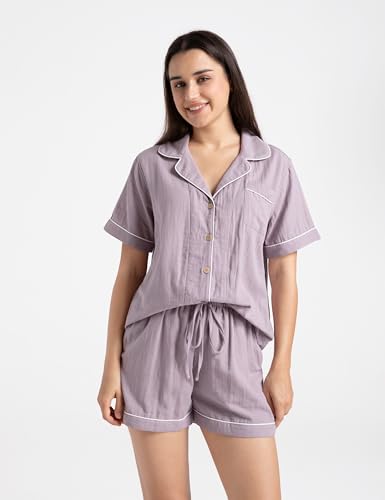 Image of Womens Muslin Pajama Sets 100% Cotton Double Gauze Linen Like Short Pjs | Breathable Soft Comfort Button Up Loungewear Sleepwear PJ Set