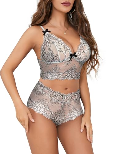 Image of Lilosy Sexy Lingerie for Women Lace Pajamas Set Cami Bra and Panty High Waist Sheer Sleepwear 2 Piece 2XS-6XL