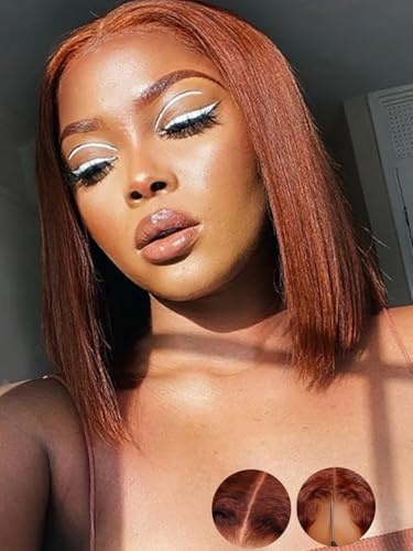 KLAIYI Reddish Brown Yaki Straight Bob Wig Human Hair Glueless Bye Bye Knots Precut 7x5 Lace Front Wig Pre Bleached Pre Plucked with Baby Hair 3S Ready to Wear and Go Wig Beginner Friendly 150% 10Inch