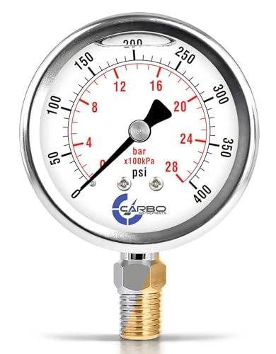 Image of 400 PSI Glycerin Liquid Filled Pressure Gauge, 2.5 inch Dial, 1 /4 NPT Lower Mount, 304 Stainless Steel Case, Brass Wetted Parts, Dual Scale PSI /Bar - ASME B40.1 Grade A