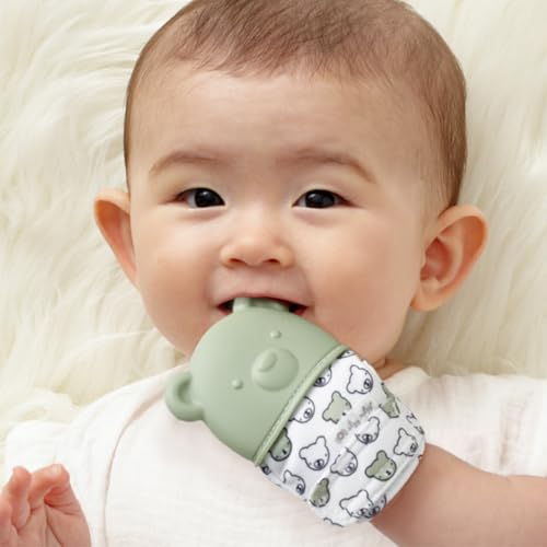 Image of Itzy Ritzy Silicone Teething Mitt - Soothing Infant Teething Mitten with Adjustable Strap, Crinkle Sound & Textured Silicone to Soothe Sore & Swollen Gums - for Ages 3 Months & Up (Bear)