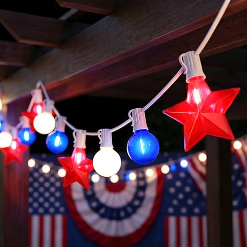 Jasneniebo 19Ft 4th of July Lights Outdoor, Waterproof Red White and Blue String Lights Plug in Connectable for Patriotic Porch Bistro Backyard Party Independence Day Decorations, E12/C7 Base Lights