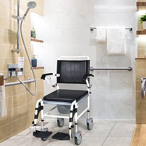 COSTWAY Commode Wheelchair, Height Adjustable Toilet Shower Chair with Removable Bucket, Flip-up Footrest and Sponge Cushion, Mobile Bedside Commodes for Elder, Disabled People