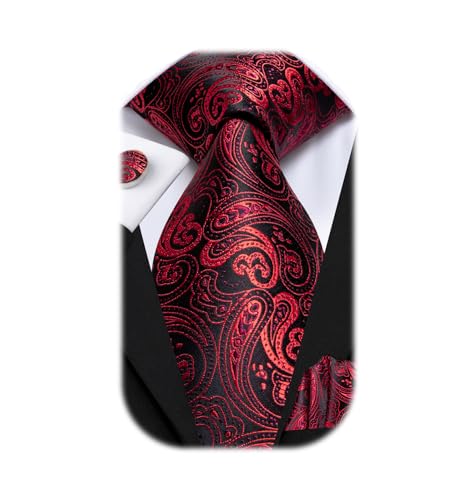 Dubulle Mens Paisely Red and Black Tie Pocket Square Woven Silk Necktie Set with Cufflinks for Wedding, M