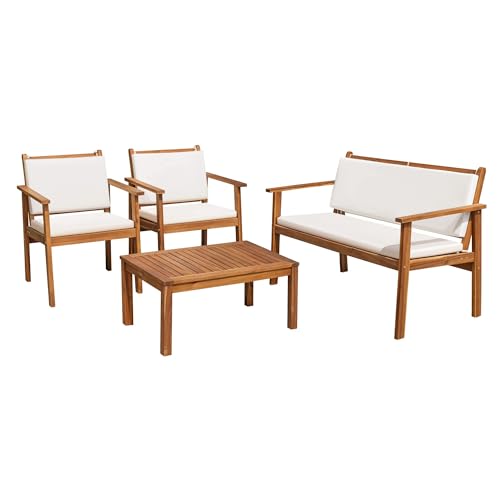 Flamaker Patio Furniture 4 Piece Outdoor Acacia Wood Patio Conversation Sofa Set with Table & Cushions Porch Furniture for Deck, Balcony, Backyard