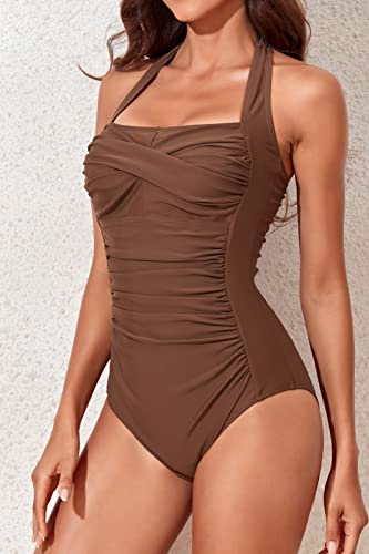 Image of Smismivo Tummy Control Swimwear Halter One Piece Slimming Vintage Retro Swimsuit Womens Ruched Push Up Bathing Suit