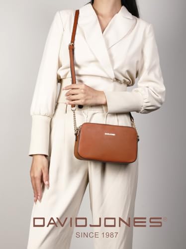David Jones - Damen Kleine Umhängetasche - Frau Handytasche PU Leder - Ketten Handtasche Tasche mit 3 Fächern - Elegante Schultertasche Crossbody Bag Shopping Abend Party Trend - Braun Cognac – Bild 4