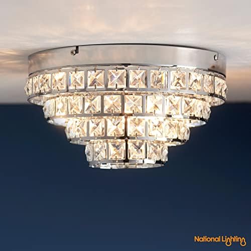 National Lighting Whitney Decorative Round Silver Chrome Modern Flush Ceiling Light Chandelier Fitting with Crystal Glass Beads - LED Compatible
