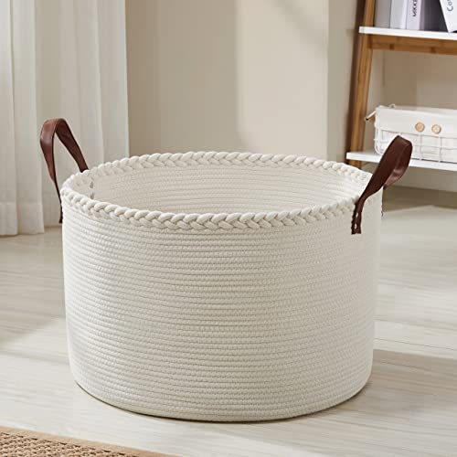 Image of Organizix XLarge Round Cotton Rope Storage Basket Bin Organizer Laundry Hamper with Leather Handles, 21 x 21 x 14, Extra Large Blanket Woven Basket for Nursery - Cream