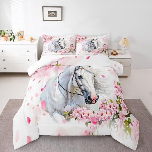 Image of Feelyou White Horse Comforter Set Twin Size Bedding Set for Teens