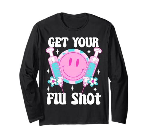 syringe retro medical get your flu shot caregiver vaccine Long Sleeve T-Shirt