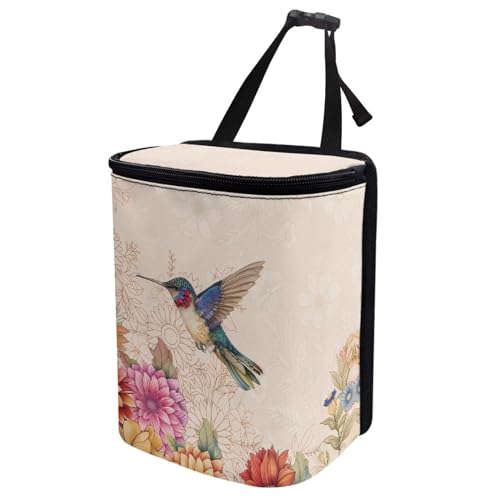 Image of Talayituse Hummingbird Daisy Print Car Trash Can with Adjustable Straps, Foldable Car Trash Bag Bin Car Garbage Bag Multipurpose Storage Box for Vehicle Travel Camping Picnicing