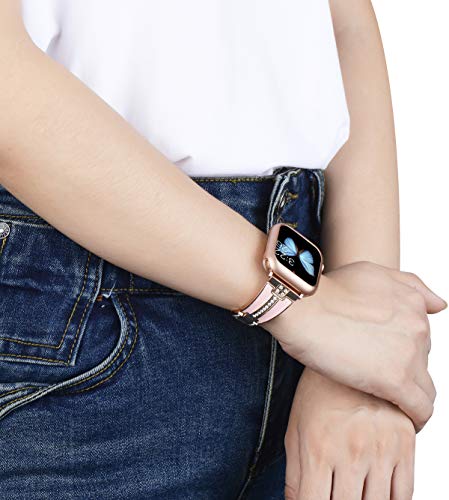 JSGJMY Bling Bands Compatible with Apple Watch Band 38mm 40mm 42mm 44mm with Case,Women Diamond Rhinestone Metal Jewelry Wristband Strap for iwatch Series SE/6/5/4/3/2/1 (Rose Gold+Pink, 42mm/44mm) - Thumbnail 5