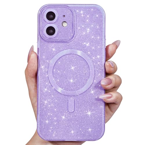 Svanove für iPhone 12 Hülle Magsafe Glitzer mit Kameraschutz, Dünn Bunt Silikon Handyhülle Mädchen Handy Hülle Magnetisch Induktives Laden, Bling Sterne Weich TPU Slim Case Schutzhülle, Lila Flieder