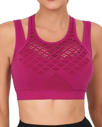 Image of RUNNING GIRL Sports Bras for Women High Support,Seamless Ribbed High Neck Sports Bra Racerback Padded Crop Top Yoga(EU_WX2992_Hot Pink_L)